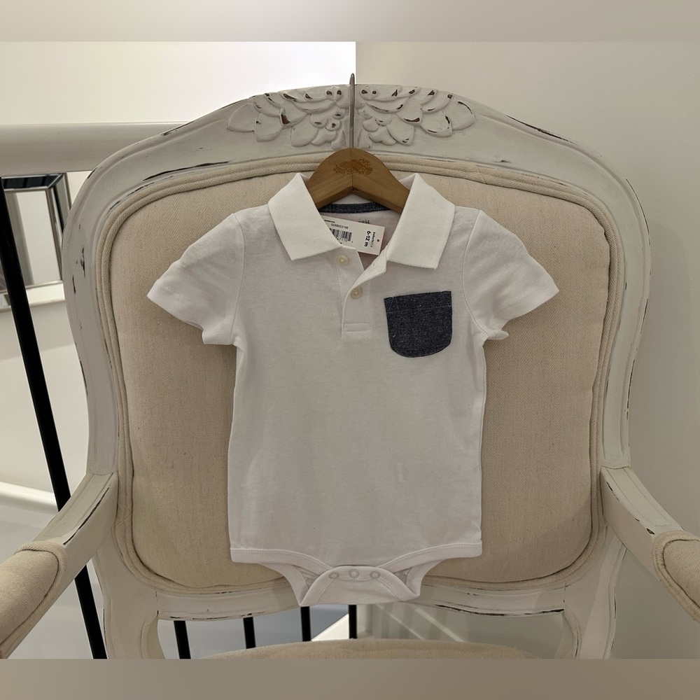 🖤 Baby 6~12 Mth White Cotton Polo Shirt with Navy Pocket NWT